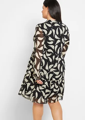 Robe en crêpe, Couleur: noir/blanc cassé à fleurs