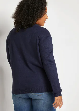 Gebreide trui met ronde hals, Kleur: donkerblauw