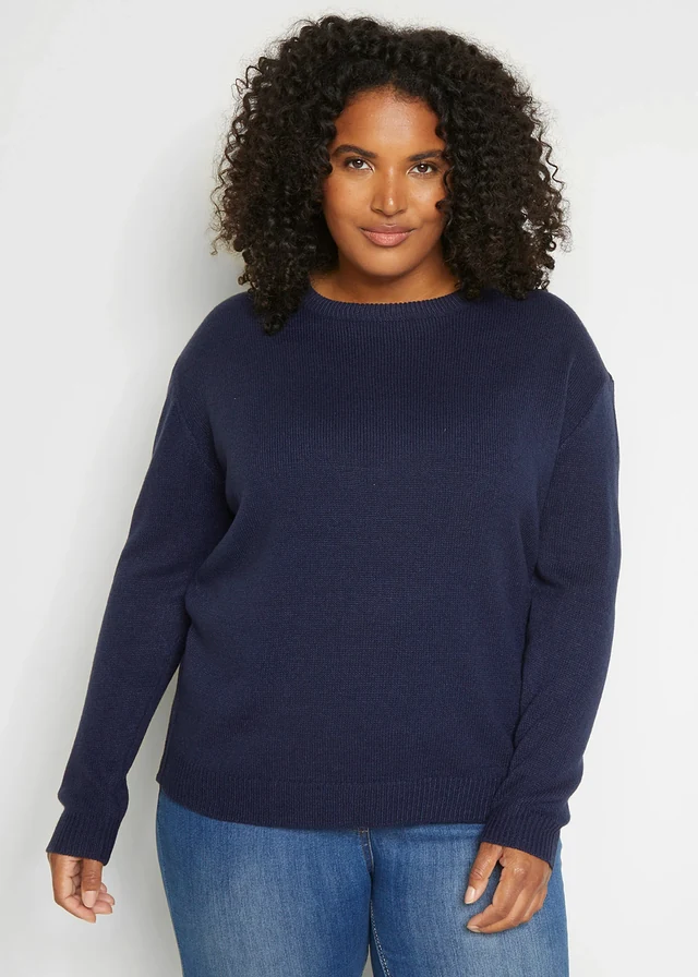 Gebreide trui met ronde hals, Kleur: donkerblauw