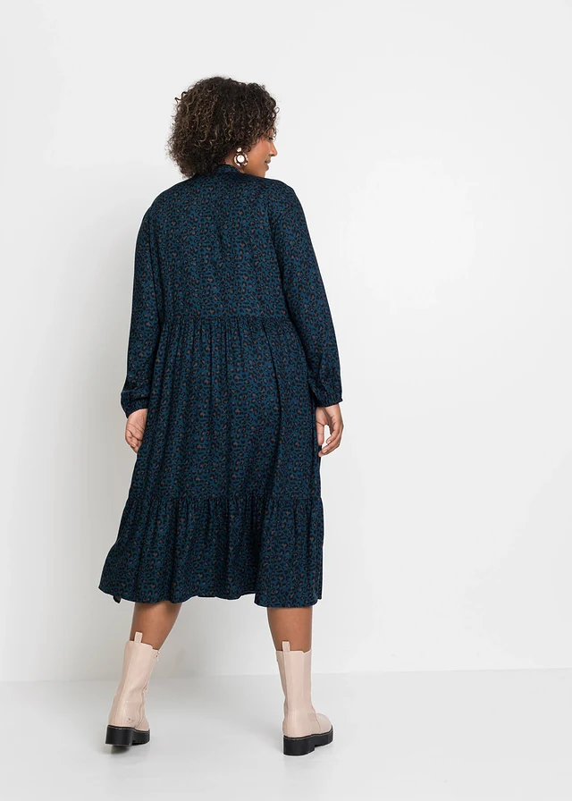 Midi jurk van viscose, Kleur: blauwpetrol luipaardprint