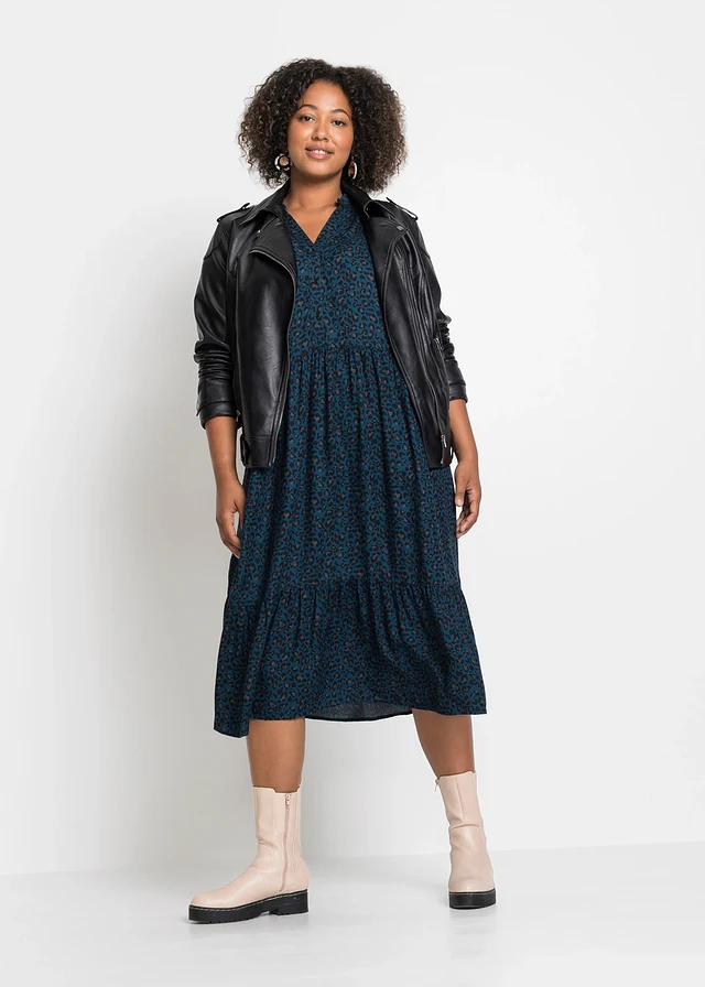 Midi jurk van viscose, Kleur: blauwpetrol luipaardprint