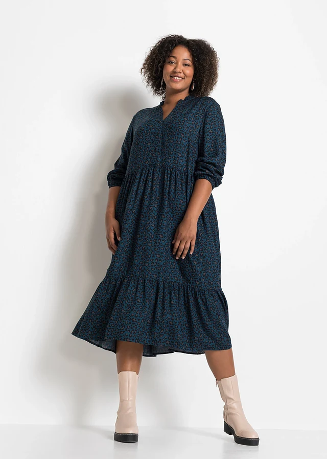 Robe midi en viscose, Couleur: pétrole imprimé léopard
