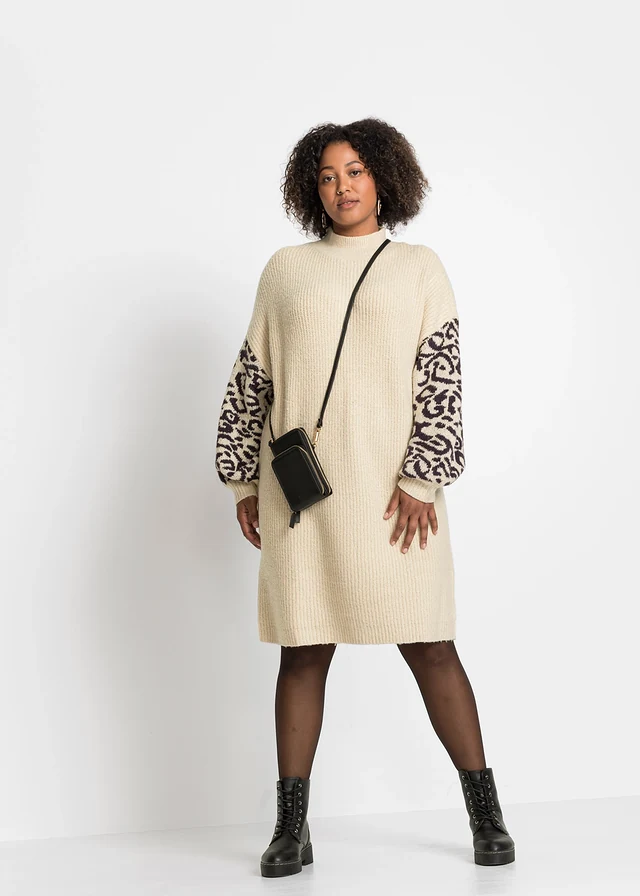 Robe en maille oversize avec motif léopard, Couleur: sable clair chiné/noir léopard