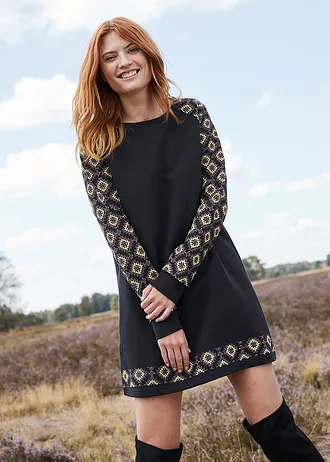 Úpletové šaty s potiskem • černá /hnědá/žlutá • bonprix obchod