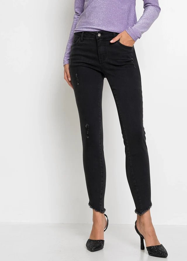 Jean skinny taille mi-haute, extensible, Couleur: noir denim