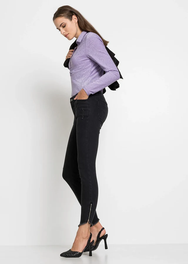 Jean skinny taille mi-haute, extensible, Couleur: noir denim