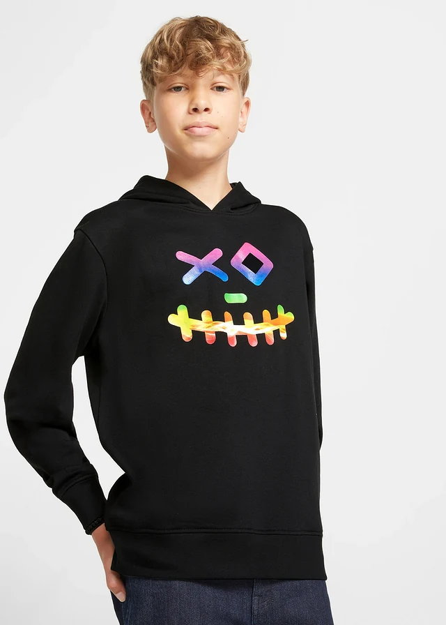 Sweat-shirt à capuche en coton mélangé doux, Couleur: noir imprimé