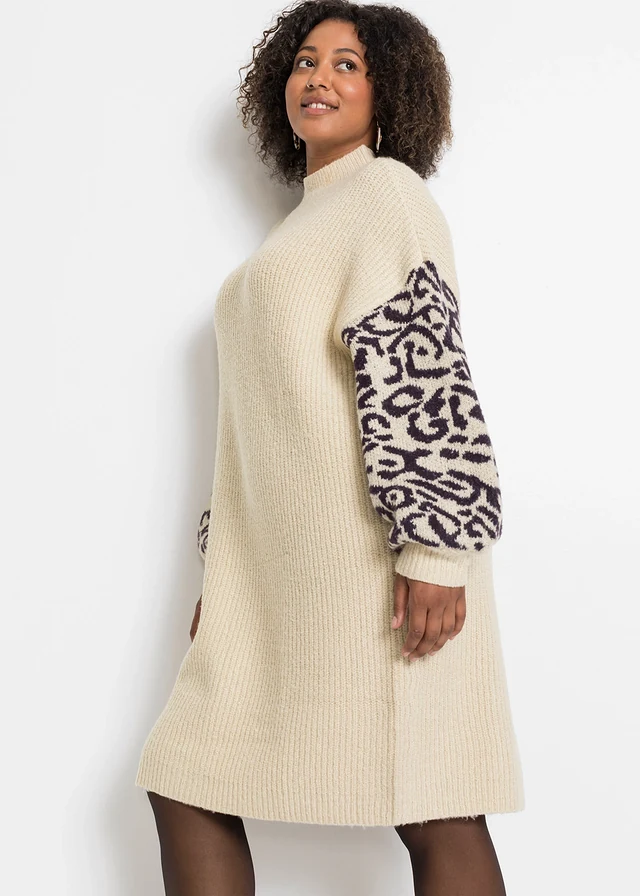 Gebreide oversized jurk met luipaardpatroon, Kleur: lichtsand gemêleerd-zwart luipaardprint