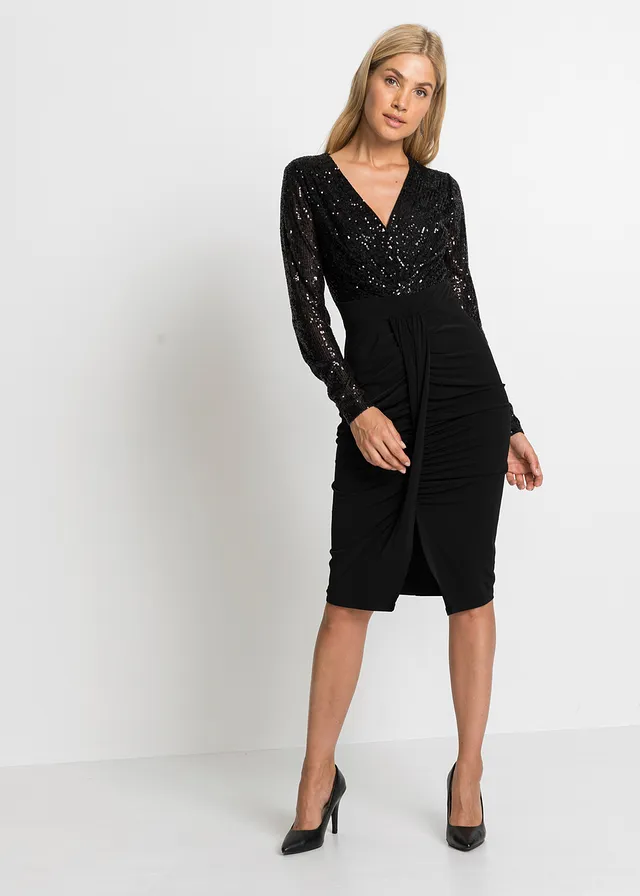 Robe en jersey à sequins et drapé, Couleur: noir