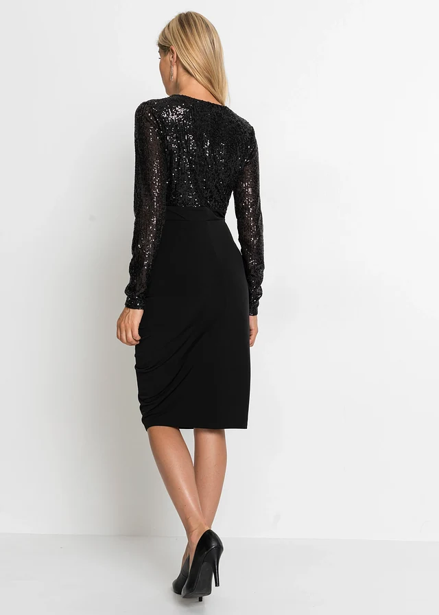 Robe en jersey à sequins et drapé, Couleur: noir