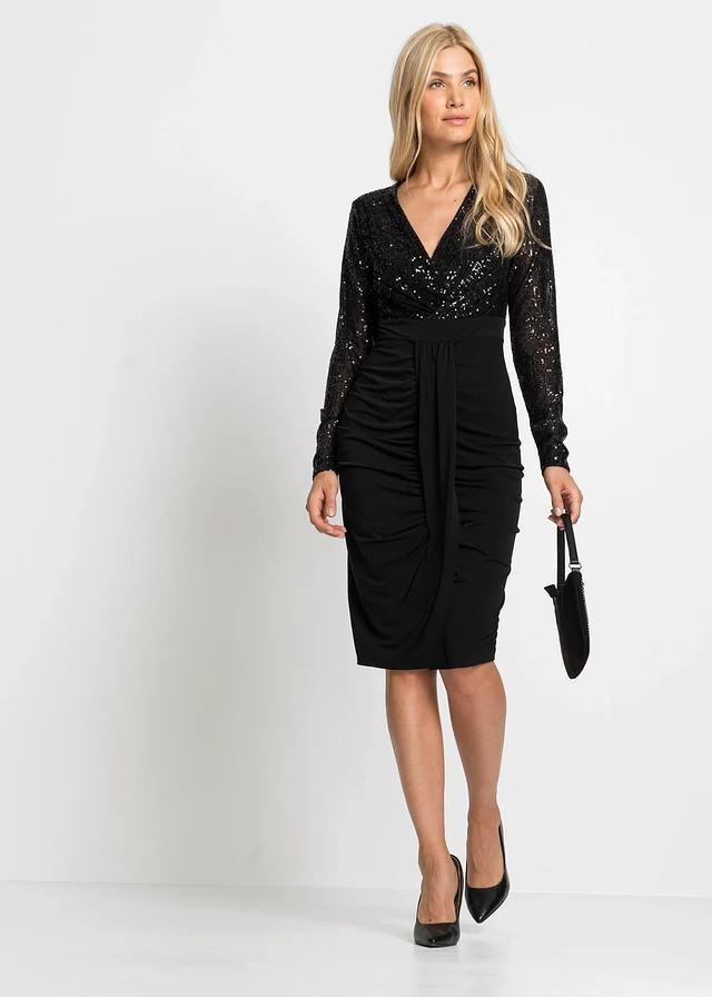 Jersey jurk met pailletten en drapering • zwart • product-page.page-title-suffix