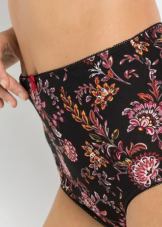 Lot de 4 slips taille haute coton • noir floral + noir + rouge foncé • Boutique bonprix