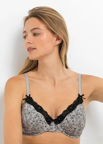 Podprsenka s kosticemi a organickou bavlnou (3 ks v balení) • s potiskem + černá + šedá melanž • bonprix obchod