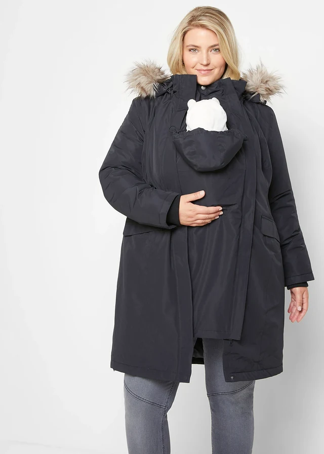 3-in-1 wind- en waterdichte zwangerschapsjas/draagjas, Kleur: zwart