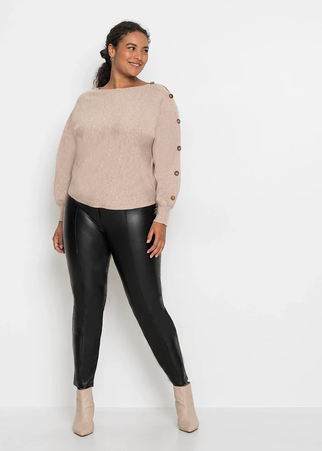 Pull avec détails boutons, Couleur: beige amande chiné