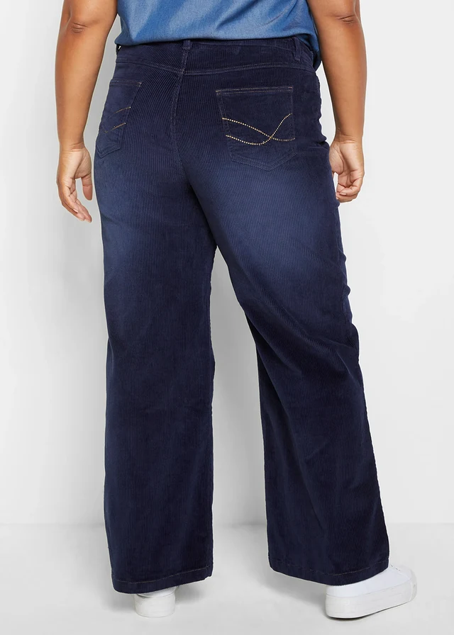 Pantalon large en velours côtelé extensible, Couleur: bleu foncé