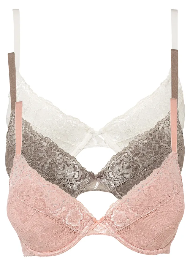 Sutien push-up cu dantelă fină (set/3 buc.) • ecru + gri-bej + rosé • magazin bonprix