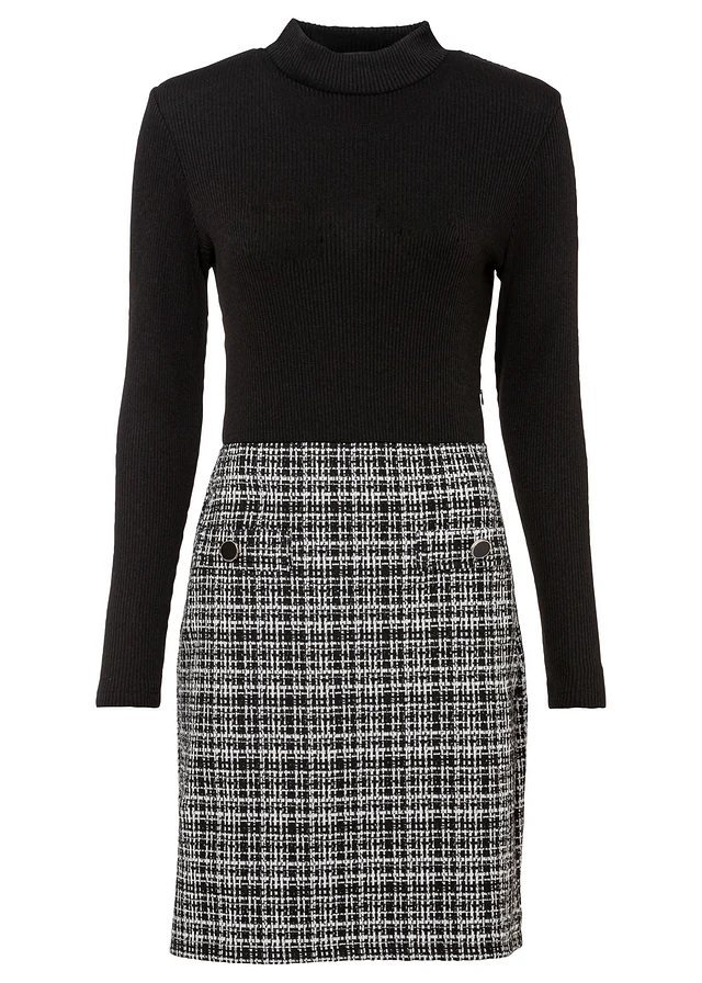 Robe courte et fluide en viscose mélangée, Couleur: noir/blanc carreaux