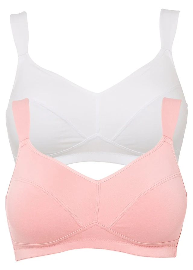 Lot de 2 soutiens-gorge coton sans armatures, Couleur: blanc + rose