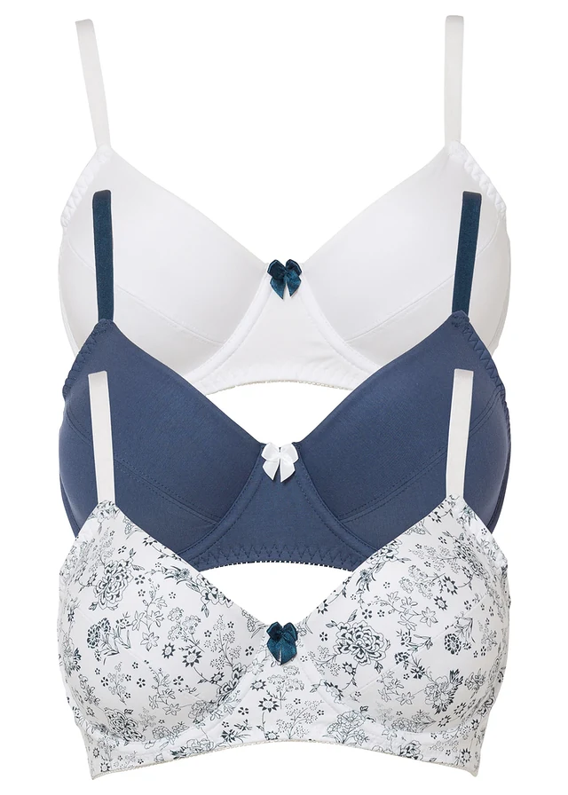 Beugel bh (set van 3) met katoen, Kleur: indigo-wit gebloemd+wit+indigo