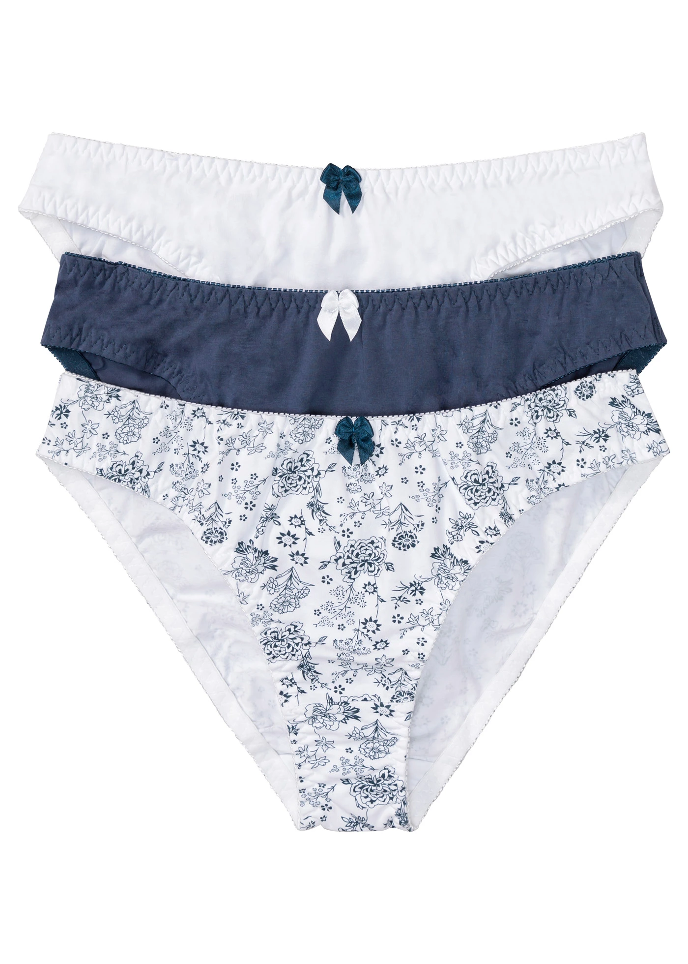 Chilot (3buc/pac) • indigo/alb floral + alb + indigo • magazin bonprix