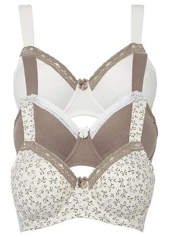 Beugel bh (set van 3) met katoen, Kleur: crème met print+taupe+crème