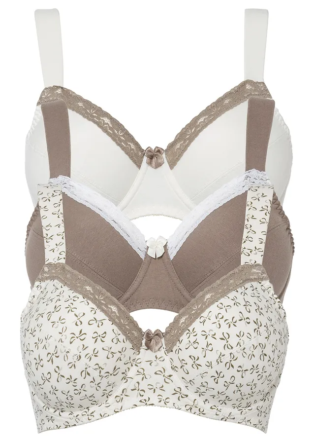 Lot de 3 soutiens-gorge coton à armatures, Couleur: crème imprimé + taupe + crème