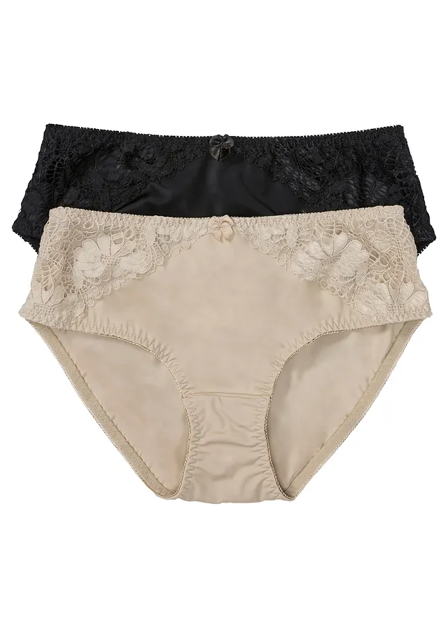 Lot de 2 slips maxi avec dentelle, Couleur: beige craie + noir