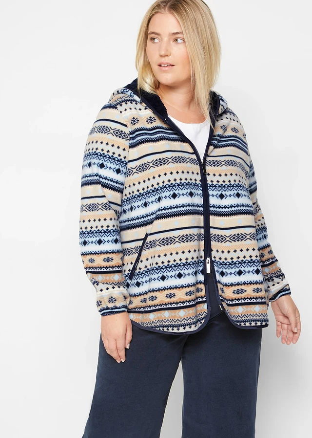 Veste polaire à capuche avec motif norvégien, Couleur: gris galet-blanc