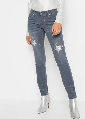 Blugi skinny cu stele, Low Waist, culoare: albastru-gri denim cu imprimeu