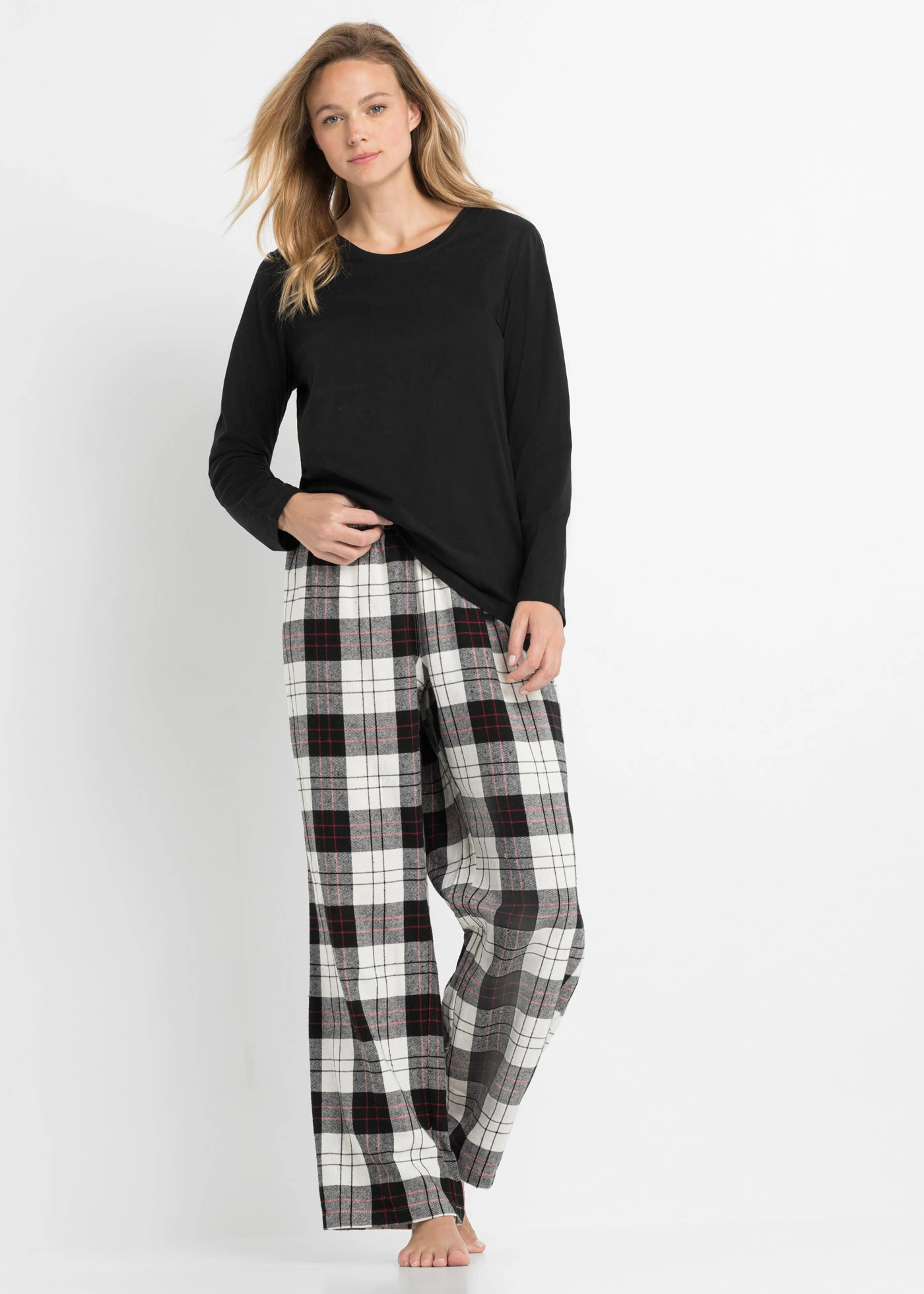 Pyjama met flanellen broek en cadeauzakje (3-dlg. set) • zwart geruit • bonprix online shop