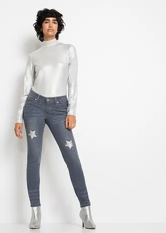Blugi skinny cu stele, Low Waist, culoare: albastru-gri denim cu imprimeu