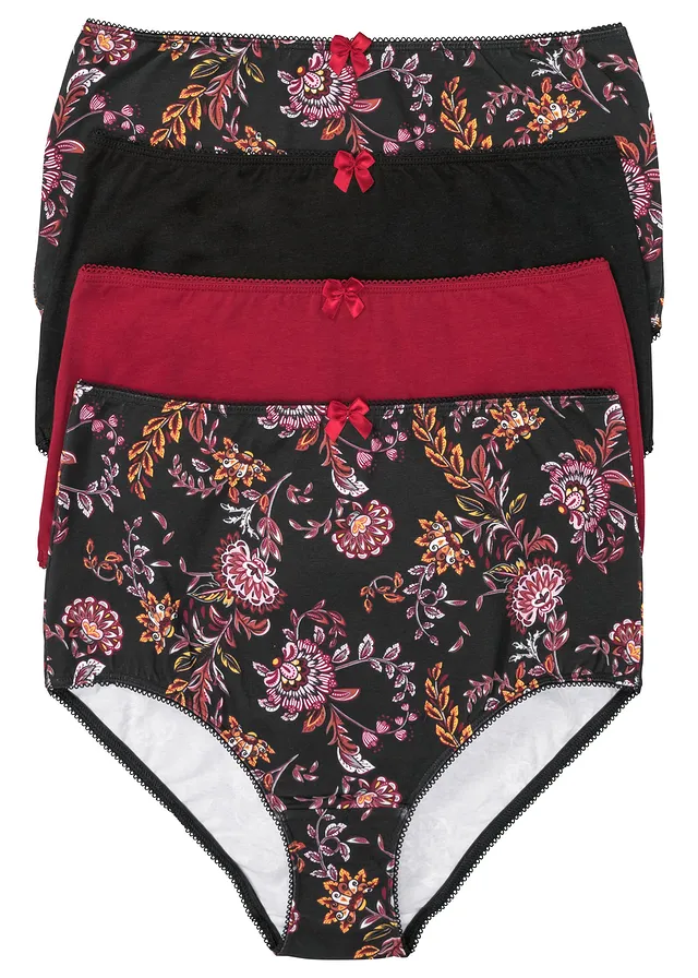Lot de 4 slips taille haute coton • noir floral + noir + rouge foncé • Boutique bonprix