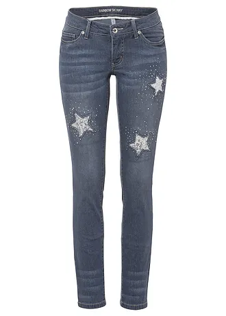 Jeansy skinny z niskim stanem, z nadrukiem gwiazdek, kolor: niebiesko-szary denim z nadrukiem