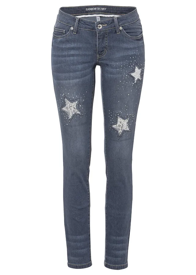 Skinny džíny s hvězdičkami, Low Waist • modro šedý denim s potiskem • bonprix obchod
