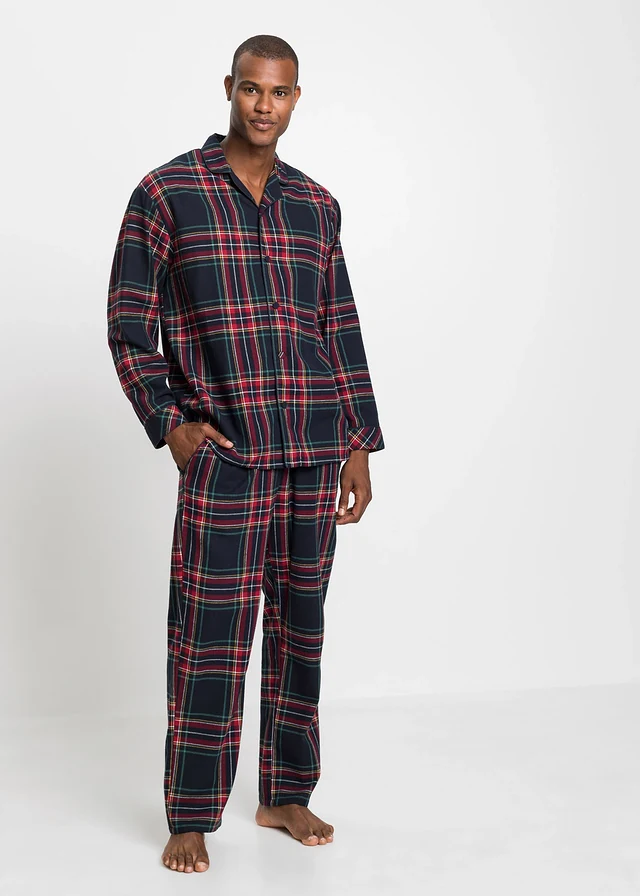 Pyjama boutonné homme en flanelle douce, Couleur: bleu foncé
