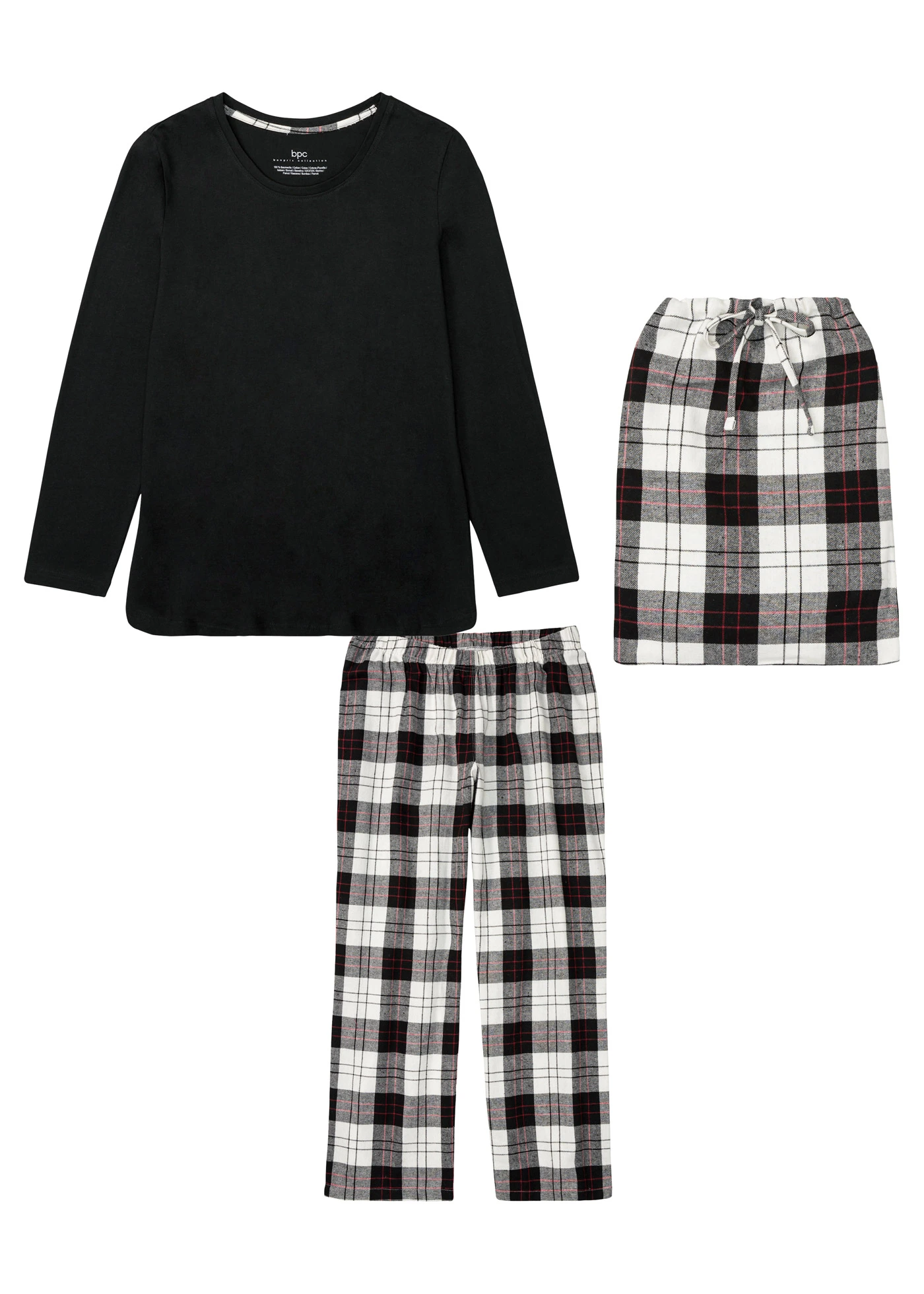 Pyjama met flanellen broek en cadeauzakje (3-dlg. set) • zwart geruit • bonprix online shop