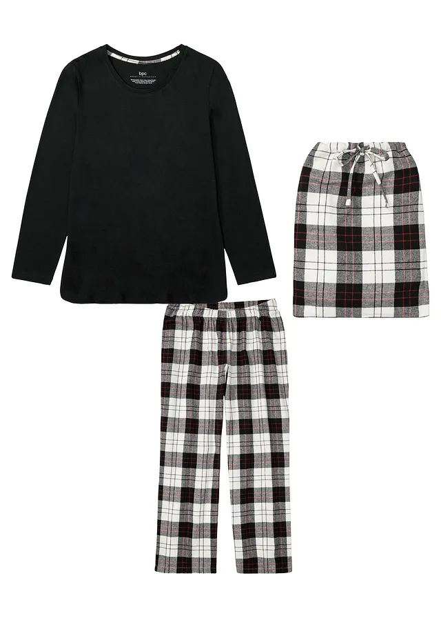 Pyjama met flanellen broek en cadeauzakje (3-dlg. set) • zwart geruit • bonprix online shop