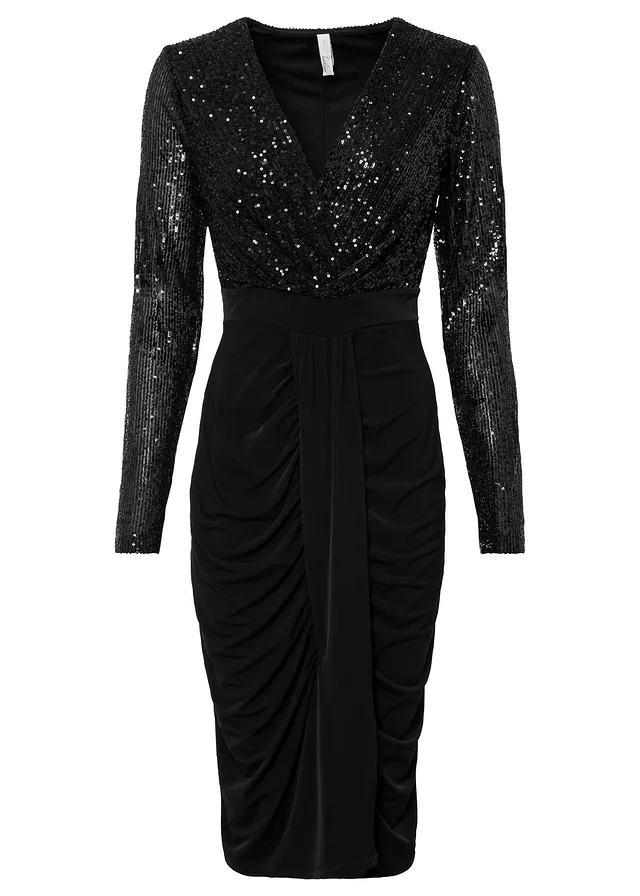 Žerzejové šaty s pajetkami a nařasením • černá • bonprix obchod