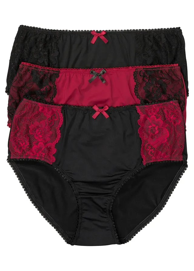 Lot de 3 slips maxi microfibre et dentelle • noir-rouge foncé • Boutique bonprix