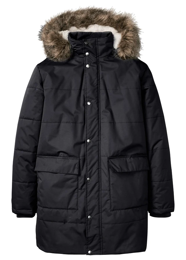 Parka d’hiver à doublure peluche et capuche amovible, Couleur: noir