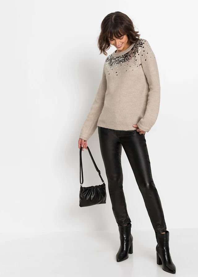 Trui met pailletten, Kleur: beige gemêleerd