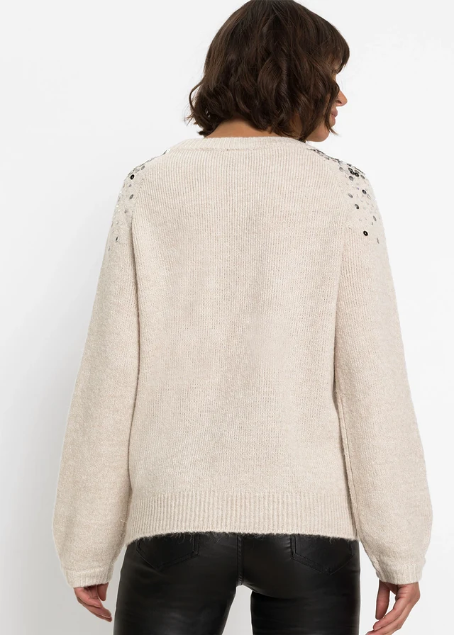 Pull à sequins multicolores, Couleur: beige chiné