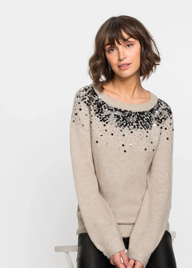 Pull à sequins multicolores, Couleur: beige chiné
