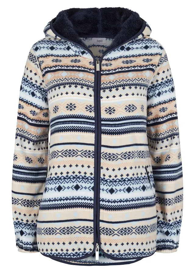 Veste polaire à capuche avec motif norvégien, Couleur: gris galet-blanc