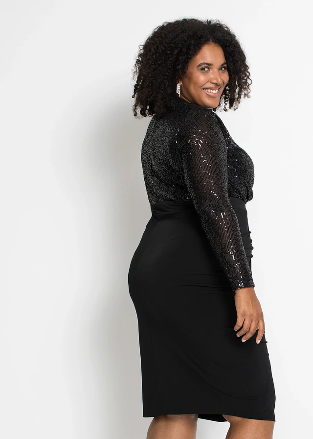 Robe en jersey à sequins et drapé, Couleur: noir