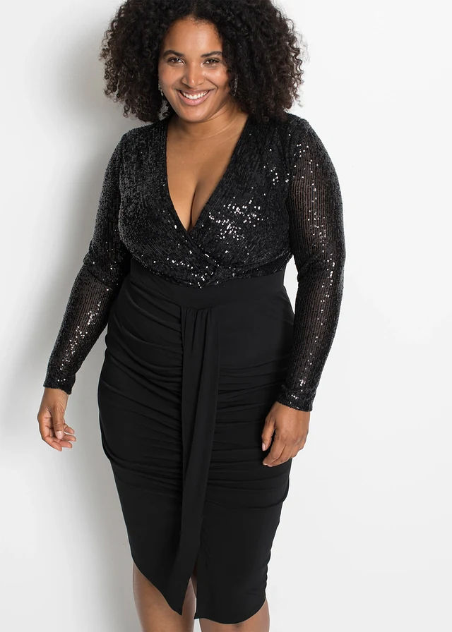 Robe en jersey à sequins et drapé, Couleur: noir