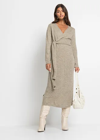 Gebreide midi jurk, Kleur: beige gemêleerd