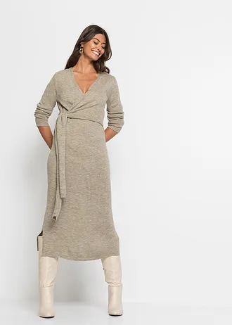 Gebreide midi jurk, Kleur: beige gemêleerd