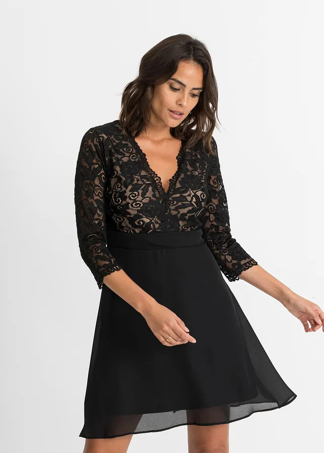 Chiffon jurk met kant, Kleur: zwart-ecru